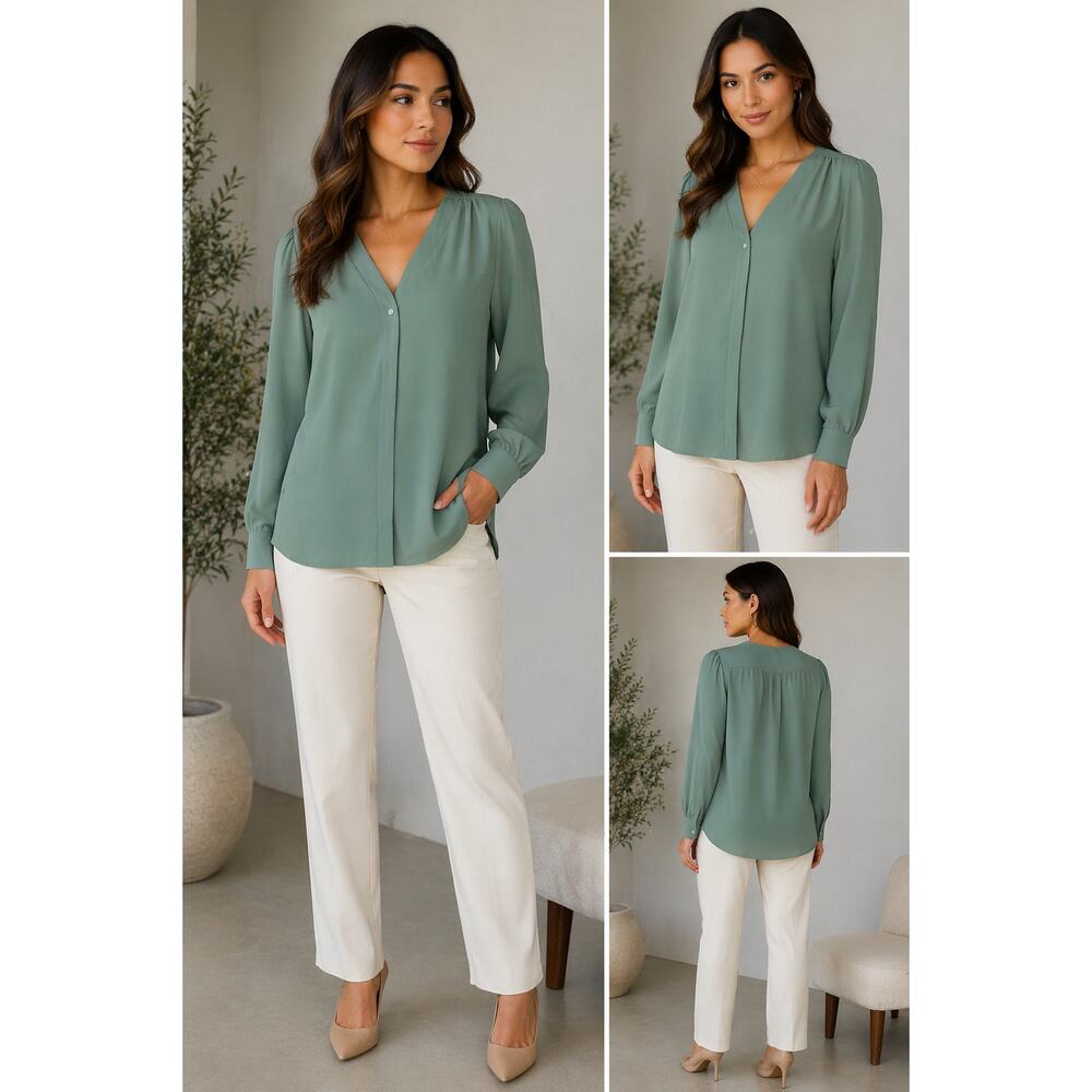 Green V-Neck Work Blouse Large Polyester Long Sleeve Top